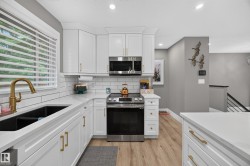 Modern kitchen with white cabinetry, stainless steel appliances, and a black double-basin sink with a brass faucet - 