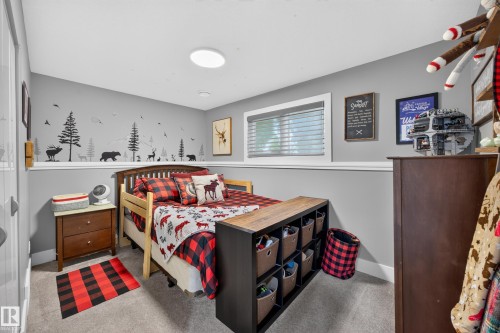 Carpeted room featuring a window with horizontal blinds, built-in shelving, and a decorative wall motif - 43 Burnham Place, St. Albert, AB 