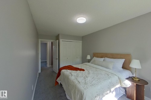Bedroom featuring neutral gray wall paint, gray carpet flooring, white bi-fold closet doors, a ceiling-mounted light fixture, and white baseboards - 176 Centennial Court, Edmonton, AB 