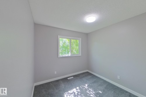 Room featuring a single white-framed window, neutral gray wall paint, white baseboards, and gray carpeting - 176 Centennial Court, Edmonton, AB 