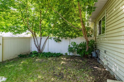 Side yard featuring a vinyl privacy fence, mature deciduous trees, and a grass lawn - 176 Centennial Court, Edmonton, AB 