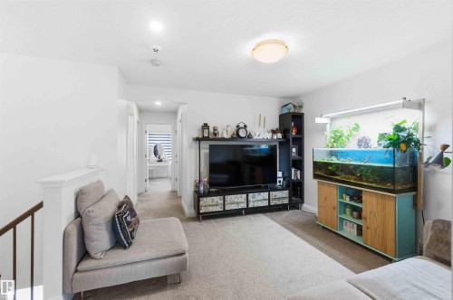 Carpeted secondary living space featuring a flush-mount ceiling light, a built-in media console, and a contemporary railing system - 9323 223 Street, Edmonton, AB 