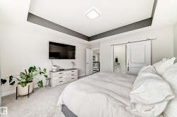 Bedroom with tray ceiling, flush-mount lighting, and light gray carpet flooring - 