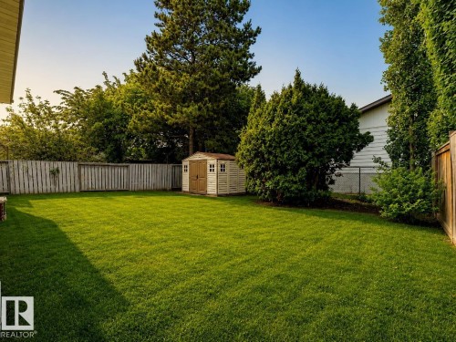 Expansive backyard featuring a lush lawn, mature perimeter trees, a light-toned storage shed, and mixed fencing including wood panel and chain link - 24 Addison Crescent, St. Albert, AB 