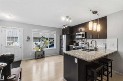 Open-concept kitchen featuring wood-finish flooring and a kitchen island with granite-style countertop - 