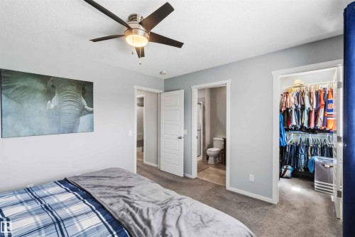Carpeted room with a ceiling fan featuring integrated lighting, a solid panel door, and an open doorway leading to a closet with built-in shelving - 940 East Gate, Edmonton, AB 