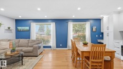 Open-concept living space featuring wood-finish flooring, recessed lighting, and ample natural light through large windows - 
