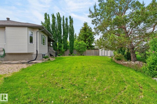 Expansive green lawn with mature trees and perimeter fencing - 86 Heritage Crescent, Stony Plain, AB 