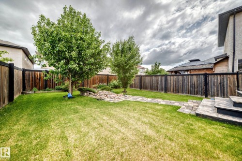 Expansive green lawn with mature trees and a stone pathway - 5308 164 Avenue, Edmonton, AB 