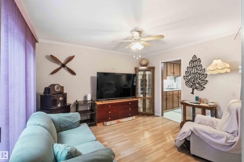 Living area featuring wood-finish flooring, a ceiling fan with integrated lighting, and crown molding - 12016 61 Street, Edmonton, AB 