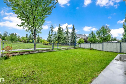 Expansive lawn area featuring a concrete patio, wood privacy fencing, and a chain-link fence bordering a paved pathway - 1328 80 Street, Edmonton, AB 