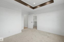 Recessed tray ceiling with integrated lighting, soft carpet flooring, white interior walls, white trim, and a white interior door with dark hardware opening to a built-in closet with shelving - 