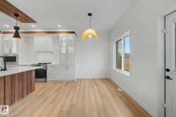 Contemporary kitchen and dining area featuring light wood-finish flooring - 