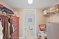 Walk-in closet with wire shelving and a neutral color palette - 