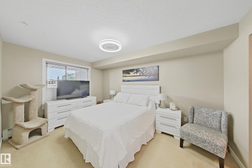 Carpeted bedroom featuring a large window with horizontal blinds, a modern ceiling light fixture, a bed with a white headboard, and neutral wall tones - 117 3715 Whitelaw Lane, Edmonton, AB 