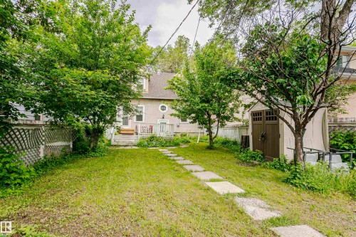 Spacious backyard featuring a grass lawn, stepping stone pathway, mature trees, and a storage shed with double doors - 11105 81 Avenue, Edmonton, AB 