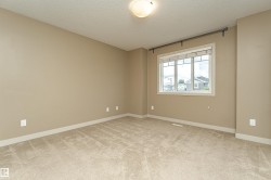 Neutral-toned room featuring a large multi-pane window, textured carpet, and a flush mount ceiling light fixture - 
