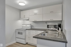 Kitchen featuring light-toned cabinetry with brushed nickel hardware, dark gray countertops, a stainless steel double-basin sink with a gooseneck faucet, a white electric range, and wood-finish flooring - 