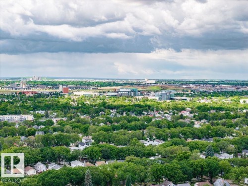 Expansive aerial perspective showcasing a residential landscape with abundant mature trees and distant urban structures - 11241 88 Street, Edmonton, AB 