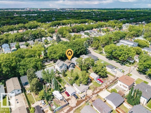 Aerial view of a residential neighborhood with a prominent tree canopy - 11241 88 Street, Edmonton, AB 