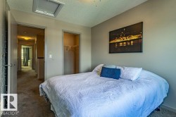 Bedroom featuring neutral wall paint, grey carpet flooring, and a flat ceiling with a skylight - 