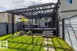 Expansive backyard featuring a manicured lawn, stone pathway, and a multi-level deck with a contemporary dark-stained pergola - 