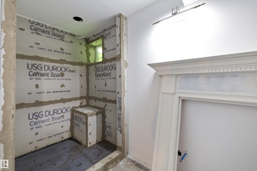 In-progress shower installation with cement board backing and a built-in bench - 7 53424 Range Road 13, Rural Parkland County, AB 
