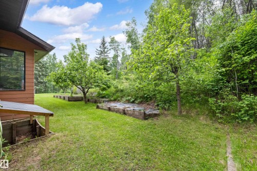 Extensive green lawn bordered by lush foliage, featuring multiple raised garden beds - 7 53424 Range Road 13, Rural Parkland County, AB 