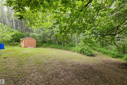Expansive backyard featuring a brown wooden shed, mature deciduous trees, a large grassy area, and a densely wooded perimeter - 7 53424 Range Road 13, Rural Parkland County, AB 