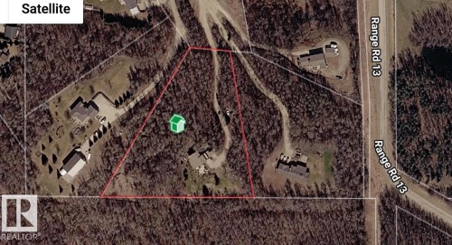 Satellite Map. Illustrating the property boundary and its relation to surrounding structures and Range Road 13 - 7 53424 Range Road 13, Rural Parkland County, AB 