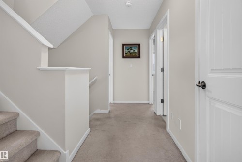 Upper floor hallway featuring carpet flooring, painted walls, white trim, and white paneled doors with dark hardware - 6928 22 Avenue, Edmonton, AB 