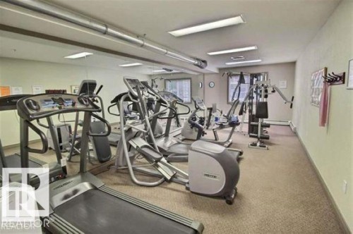 Dedicated fitness room featuring cardio and strength training equipment, a mirrored wall, recessed lighting, and carpet flooring - 122 279 Suder Greens Drive, Edmonton, AB 