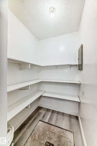 Walk-in pantry featuring extensive built-in shelving, wood-finish flooring, and recessed ceiling lighting - 23 1503 Mill Woods Road E, Edmonton, AB 