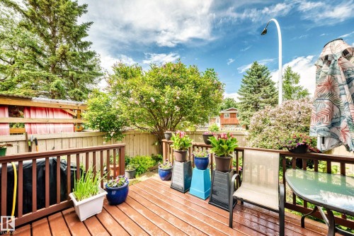 Spacious wood-finish deck with a wood railing, surrounded by mature trees and shrubs - 102 Royal Terrace, Edmonton, AB 