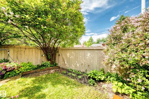 Private backyard featuring a wood fence, mature tree, established garden beds, and a grass area - 102 Royal Terrace, Edmonton, AB 