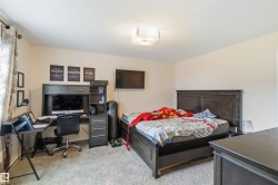 Carpeted bedroom featuring neutral-toned walls, a built-in flush mount ceiling light fixture, and a window with patterned drapes - 