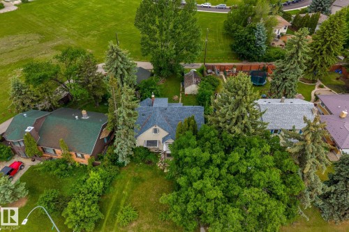 Aerial property view featuring a light-colored home with a gray shingle roof, surrounded by mature deciduous and evergreen trees - 11022 110 Avenue, Edmonton, AB 