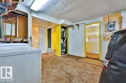 Utility space featuring carpet flooring, exposed wall studs, and a visible electrical panel - 