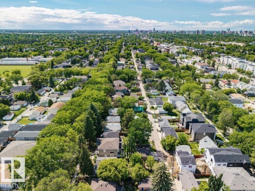 Aerial perspective showcasing a residential area with mature tree-lined streets - 8318 80 Avenue Nw, Edmonton, AB - Outdoor With View