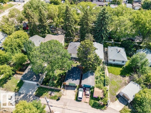Aerial view of a residential neighborhood with established homes and mature trees - 8318 80 Avenue Nw, Edmonton, AB - Outdoor