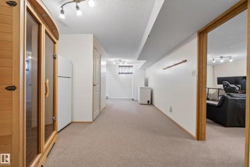 Spacious basement area featuring a built-in wooden sauna with glass doors, neutral carpeting, white painted walls, and track lighting fixtures - 10935 152 Street, Edmonton, AB 