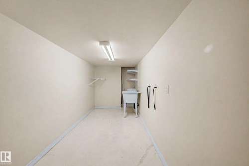 Dedicated utility space featuring a utility sink, wall-mounted shelving, and overhead fluorescent lighting - 3718 103B Street Nw, Edmonton, AB - Indoor Photo Showing Other Room