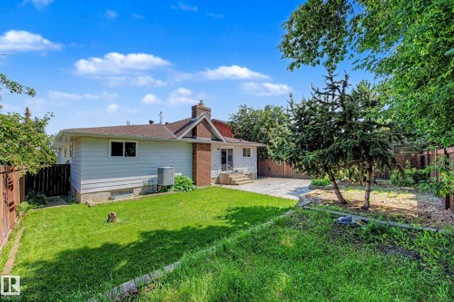 Expansive backyard with a manicured lawn, established landscaping, and mature trees - 3718 103B Street Nw, Edmonton, AB - Outdoor