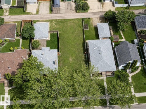 Expansive residential lot featuring a large grass area, mature trees, and concrete sidewalks - 10415 84 Street, Edmonton, AB 