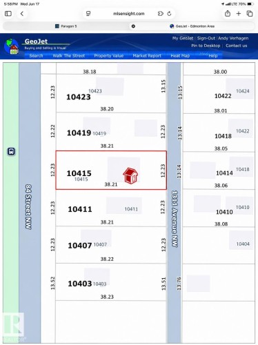 Plat Map. Illustrating lot dimensions and addresses for the property and surrounding parcels - 10415 84 Street, Edmonton, AB 