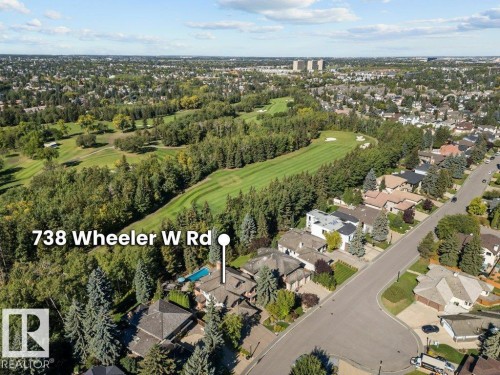 Aerial view showing home backing on to the 12th hole of the Edmonton Golf And Country Club. - 738 Wheeler Road, Edmonton, AB 