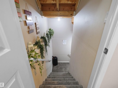 Carpeted staircase with white handrail and recessed lighting - 7827 22 Avenue, Edmonton, AB 