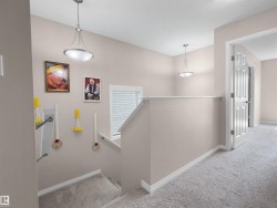Upper-level landing featuring neutral-toned walls, light carpet flooring, and a white paneled door - 