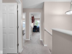 Carpeted hallway with neutral wall paint and white trim - 