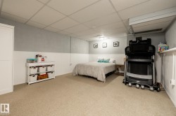 Carpeted room featuring a drop ceiling and two-tone wall paneling - 